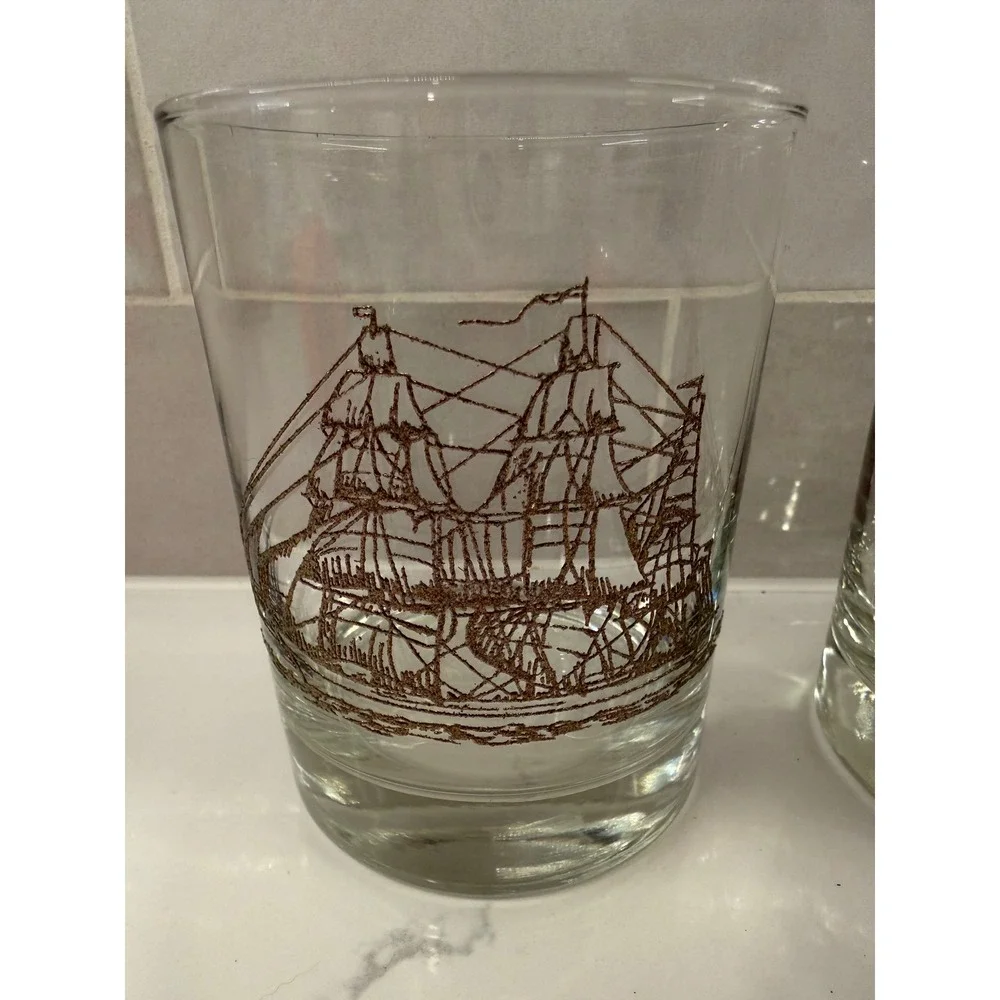Vintage Ship Whiskey Glasses Set of 2 Brown Nautical Sailing Boat Rocks Tumblers